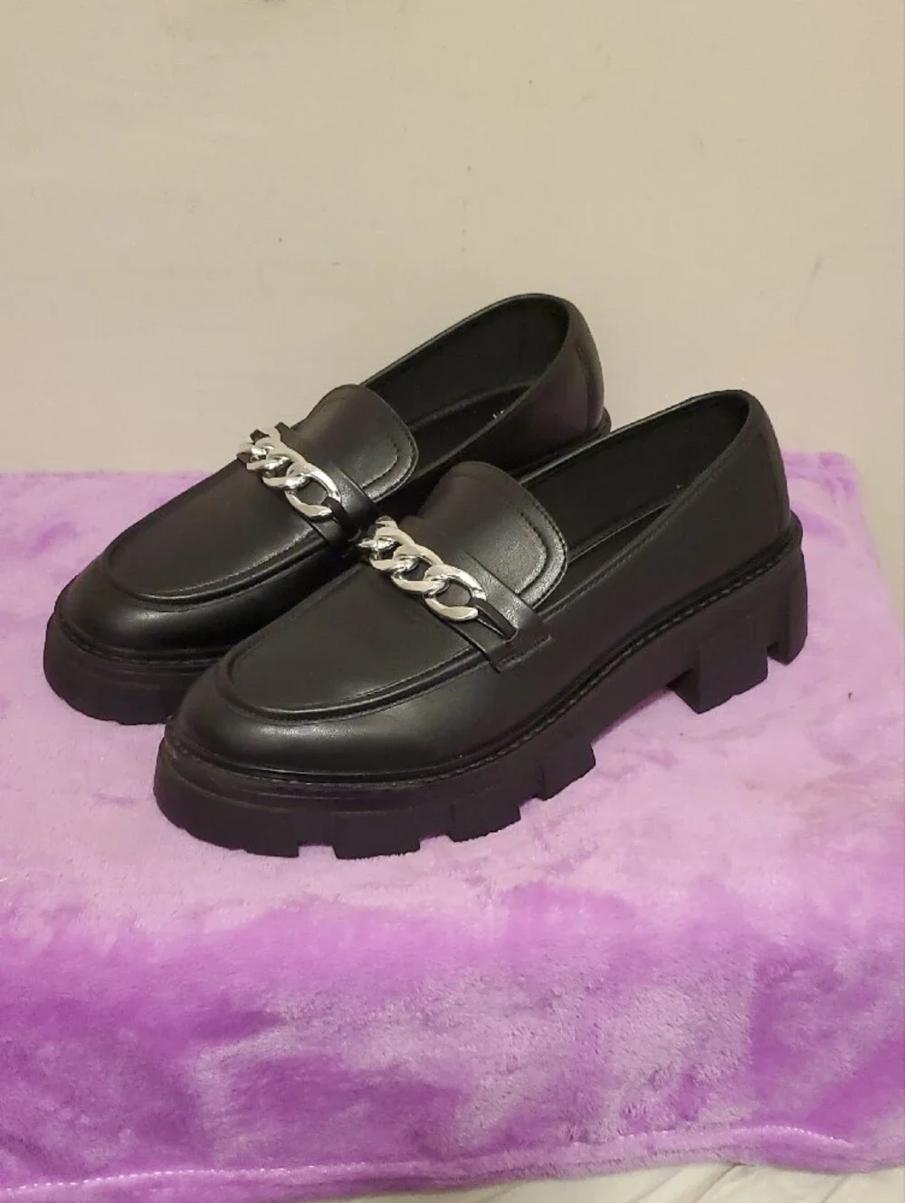 No Boundaries Black Chunky Loafers with Silver Chain